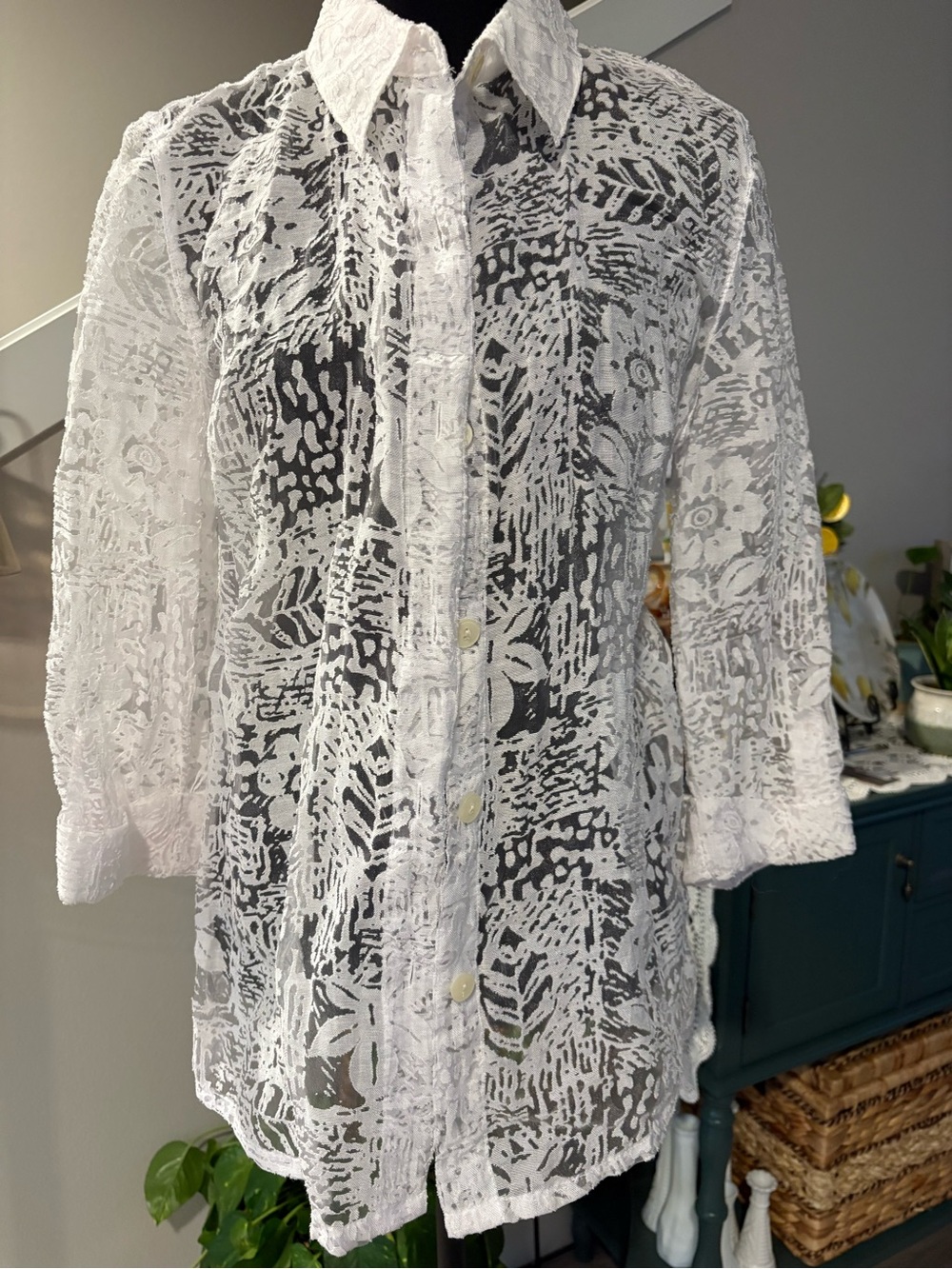 White Lace Button-Front Shirt